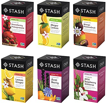 Stash Tea Fruity Herbal Tea 6 Flavor Tea Sampler, 6 boxes With 18-20 Tea Bags Each