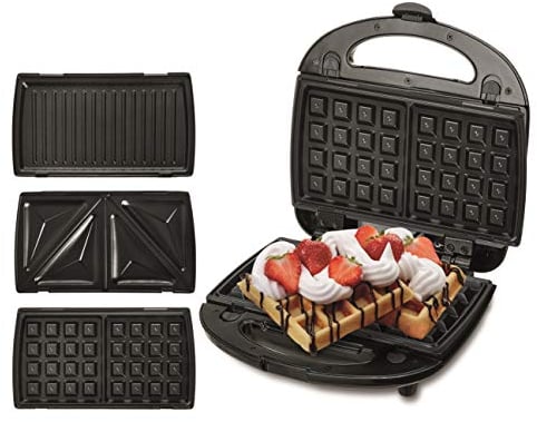 Camry CR3024 3 in 1 Sandwich Panini Maker, Piastre Intercambiabili, Tostapane Piastra, Waffle maker, Bistecchiera Elettrica, Grill per Carne e Pesce, Regolatore di Temperatura Automatico, 1000W
