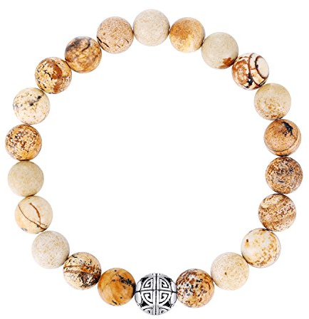 Natürliche 8 mm Edelsteine MetJakt Heilung Crystal Stretch Perlen Armband Armreif mit 925 Sterling Silber Double Happiness Anhänger (Picasso Jaspis)