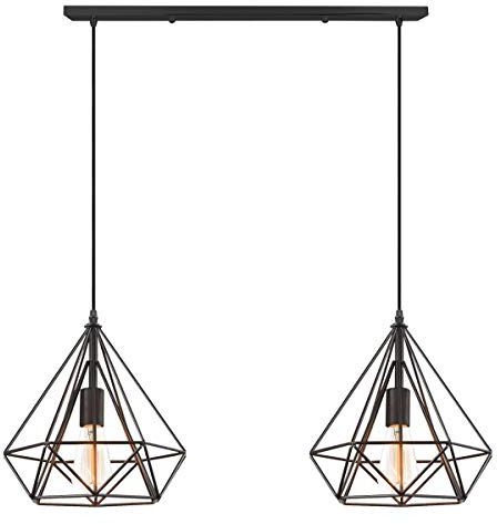 iDEGU 2-flammige Pendelleuchte Retro Hängeleuchte im Käfig-Stil Hängelampe in Diamant-form Industrielle Pendellampe für Schlafzimmer Wohnzimmer Esszimmer, 25 cm, Schwarz