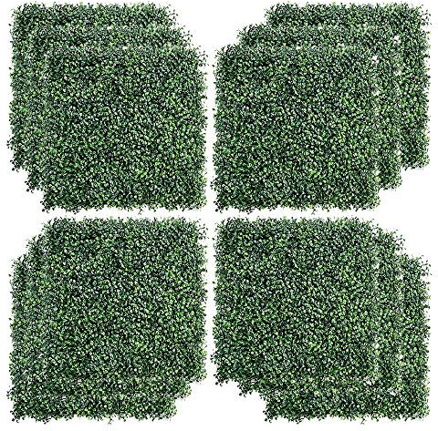 Kdgarden 12PCS 20x20 Artificial Boxwood Panels Topiary Hedge Plant UV Protected Faux Grass Wall Greenery Mats for Outdoor Garden Fence Backyard and Indoor Home Wedding Decoration, Dark Green