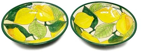 Verano Spanish Ceramics Signature Hand Painted Lemons Decorative Dishware Food Sharing Serving Appetiser Snack Food Dishes Pasta Bowls - Set of 2 x 23cm