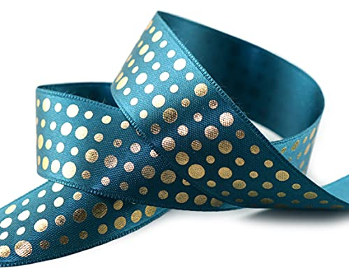 finemark 20 m x 25 mm Satinband Petrol mit Gold Punkten Schleifenband Geschenkband Dekoband Glanz Dots gepunktet Geburtstag Geschenkverpakung Dekorieren Weihnachten glänzend Satin