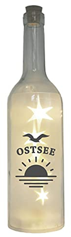 WB wohn trends LED-Flasche mit Motiv, Ostsee Sonne Möwe, grau, 29cm, Flaschen-Licht Glitzer-Flasche Leuchtflasche Lampe mit Text Spruch maritim