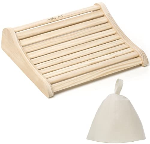 valuents® Reposacabezas de madera para sauna – ergonómico – Accesorios para sauna de madera de pino natural – sólido y sin tratar + Plus: sombrero de sauna