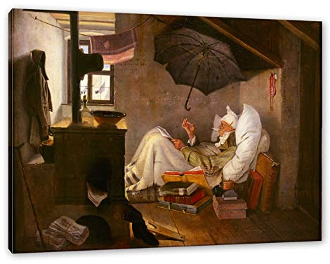 Pixxprint Carl Spitzweg - Der arme Poet, Weiß, Größe: 80x60cm, Leinwandbild, fertig gespannt, Wandbild, Dekoration, Kunstdruck, kein Poster