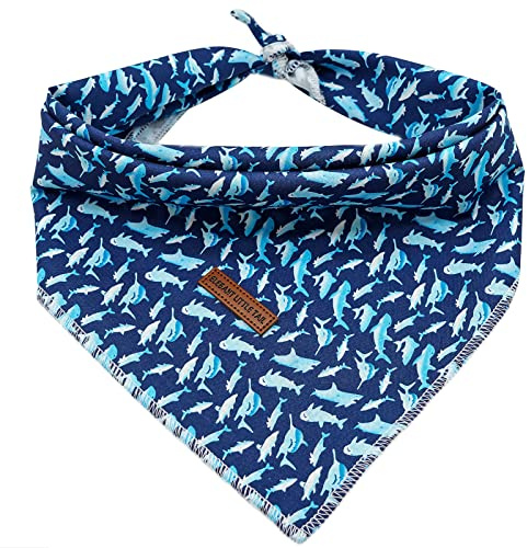 Elegant Little Tail Dog Bandana, Shark Print Pet Birthday Cotton Boy Dog Bibs Scarf, Soft Adjustable Square Kerchief for Small Large Dogs