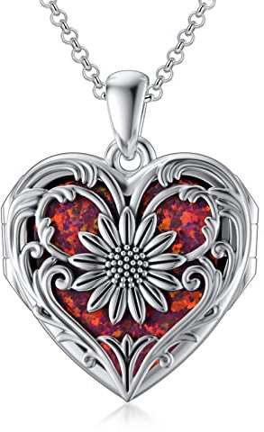 SOULMEET Sterling Silber Medaillon zum öffnen für bilder, Medaillon Halskette für 5 Fotos,Herz Sonnenblume medaillon die rote opal,Geschenk für Frauen
