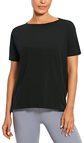 CRZ YOGA Damen Sport Top Fitness Kurzarm Leichte Sommer Loose T Shirt Atmungsaktiv Baumwolle Yoga Oberteile Schwarz 40