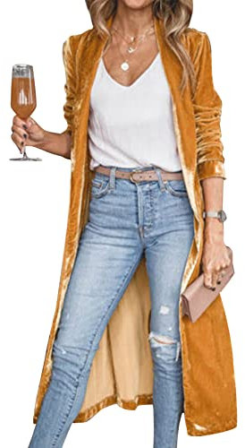 Yimoon Velvet Cardigan Jacket Open Front Lapel Collar Outerwear Sequin Duster Coat Velour Long Blazers for Women, Yellow, XL