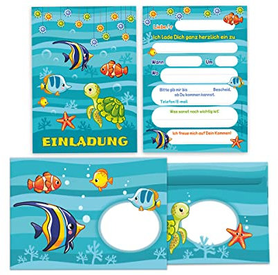 Junapack 12 Einladungskarten incl. 12 Umschläge zum Kindergeburtstag Geburtstag Jungen Mädchen Fische