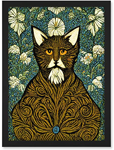 Doppelganger33 LTD Floral Paisley Illustrated Golden Cat William Morris Artwork Framed Wall Art Print A4