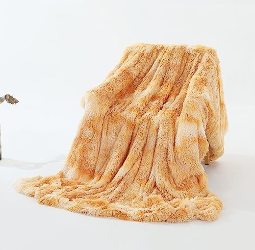 Freyamy Langhaar Flauschig Kuscheldecke 200x230cm Tie-Dye Gelb Microfaser Kunstfell Wurfdecke Wende Plüsch Wohndecke Lange Weich Felldecke Flanell Komfort TV-Decke Klimaanlage Decke Warme Tagesdecke