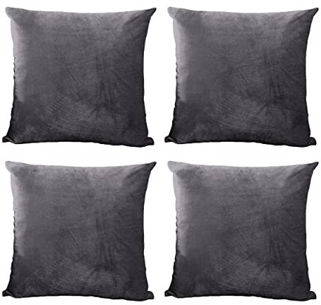 Hafaa Velvet Cushions with Covers Included Set of 8 (4 Charcoal Cushion Covers, 4 Cushion Inserts 45cm x 45cm) Luxury Decorative Fluffy Square Throw Pillow Case Sofa Cushion with Invisible Zipper