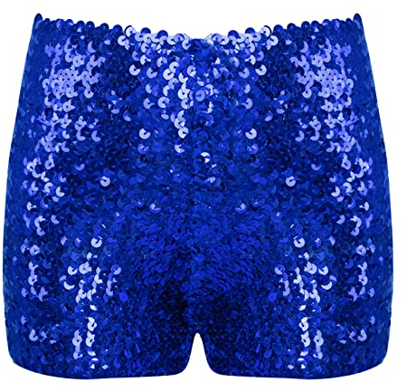 JEATHA Mädchen Pailletten Shorts Hotpants Glänzende Tanzshorts Kurz Hip Hop Jazz Hosen Trainingshose Glitter Shorts Tanz Kostüm Clubwear Royal Blau 116-140