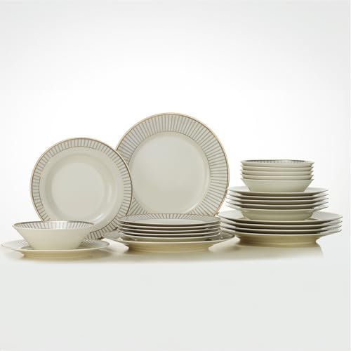 Kütahya Porselen 24-teiliges Geschirrset für 6 Personen – Porzellan Tafelservice mit Goldrand – 6× Speiseteller, 6× Suppenteller, 6× Kuchenteller, 6× Schalen – edles Design