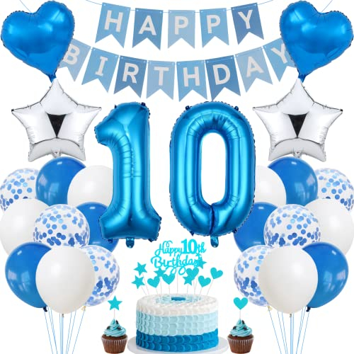 Jrzyhi 10. Geburtstag Dekoration, Blau Tortendeko 10 Jahre, Party Deko Silber, Tortendeko Mädchen & Junge