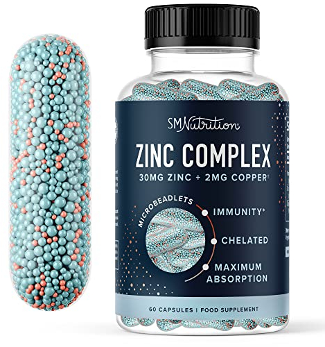 Zinc 30mg Microbeadlets with Copper | Highly Absorbable Zinc Bisglycinate & Orotate with 2mg Chelated Copper + Vitamin B6 | Vegan, Gluten-Free | Zinc Balance & Acne Support Supplements | 60 Capsules