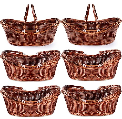 Wesiti 6 Pcs Wicker Picnic Basket with Handle, Hand Woven Harvest Basket Bulk, Wicker Flower Hoppet for Storage, Picnics, Easter, Organizing, Egg Gathering, Candy, Wedding(Dark Brown)