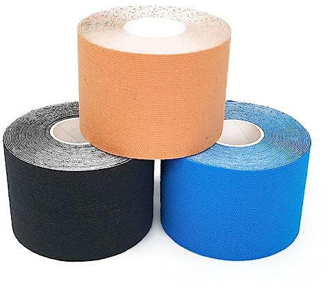 3 Rollen Kinesiotapes Physio Tape Sporttape Kinesiologie Tape Hautfreundliche Sport Tapes Elastisches Verspannungen Bandage 5cm x 5m Schwarz + Blau + Hautfarben