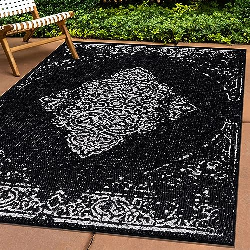 Carpettex Outdoor Teppich Wetterfest 200x300 (200x290 cm) Sisal Optik Schwarz - Ideal für Balkon, Garten, Terrasse, als Küchenteppich - Teppich Waschbar, Flachgewebe, Pflegeleicht, Vintage Design