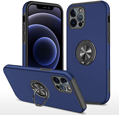 EYZUTAK Case for iPhone 12 Pro 6.1 inch, 360 Degree Rotation Magnetic Metal Finger Ring Holder Magnet Car Holder Inner Silicone with Camera Protection Glossy Anti-drop Hard Cover - Blue