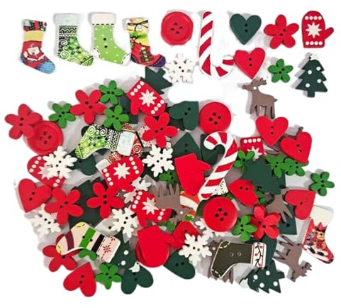 EODKSE 50 Weihnachtsknöpfe aus Holz im Set: dekorativ und vielseitig für Näharbeiten, DIY, Motive: Elch, Schneeflocken, Perfekt für die Verzierung von Weihnachtsdekorationen, Zufällige Mischung