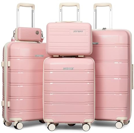 Joyway Kofferset 5tlg Hartschale mit 4 Rollen und TSA-Schloss Der Gepäcksets Enthält 1 Kosmetikkoffer und 1 Tragbare Tasche Rosa/Weiß