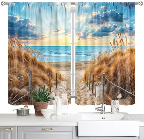 Nautische Küsten-Küchenvorhänge – Ozean-Meer-Thema, kurze Café-Vorhänge, 2 Paneele (66 x 91,4 cm), Stangendurchzug, Landhausstil für Wohnzimmer, Esszimmer, Badezimmer