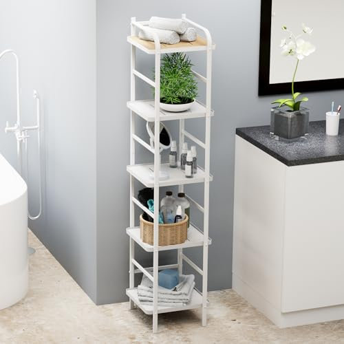 Home Zone Living 5 Ebenen Lagerregale und Regal, hoher und schlanker Bambusakzent mit Stahlrahmen, Standregal für Küche, Wohnzimmer, Badezimmer, Balkon, Mehrzweckregal, Weiß