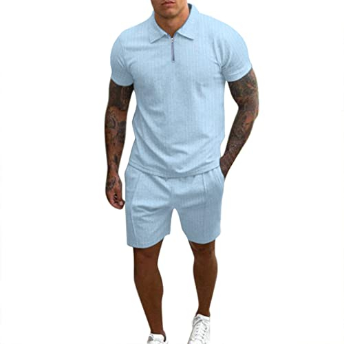 Zweiteiliges Herren-Set, lässig, gestreift, zweiteilig, mit Reißverschluss, Kragen, Bluse, kurzes Set, Kordelzug, Taschen, Hosen, Hemd-Set Label 23 Hose Hoodie Trainingsanzug Sommer (Light blue, L)
