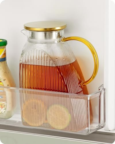 Baffect Water Jug for Fridge Door, 1.8L/63oz High Borosilicate Glass Jug with Stainless Steel Lid, Carafe Pitcher for Hot or Cold Homemade Drinks