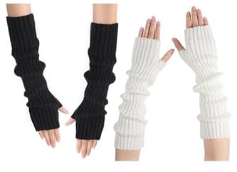 Arm Warmers, Fashion Winter Long Fingerless Gloves Knit Mitten Gloves Wrist Warmer with Thumb Hole for Women, Stretchy Arm Sleeves for Women, Black, White
