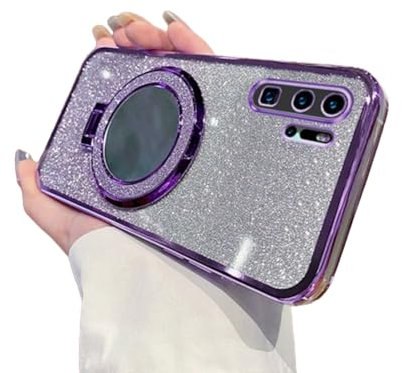 IMEIKONST Kompatibel mit Huawei P30 Pro Hülle, Glitzer Sparkle für Mädchen Handyhülle mit Make-up Spiegel Ring Ständer Galvanisierte Stoßfeste rutschfest Schutzhülle für Huawei P30 Pro. Lila DSJ