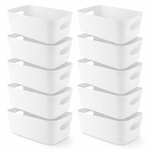 SHUESS 10 Stück Aufbewahrungsbox Kunststoff Aufbewahrungskorb 30x20x12,5 cm Groß Weiß Körbe Boxen Aufbewahrung, Kunststoff Organizer Boxen mit Griff, stapelbare Kunststoffbox für Küche Büro Badezimmer