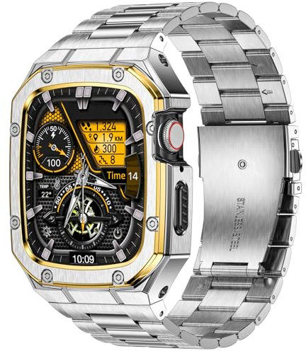 Deczone Compatible con Apple Watch pulsera de 45 mm, correa de repuesto de metal para series 9, 8, 7, acero inoxidable, iWatch Bands para hombre (plata/dorado)