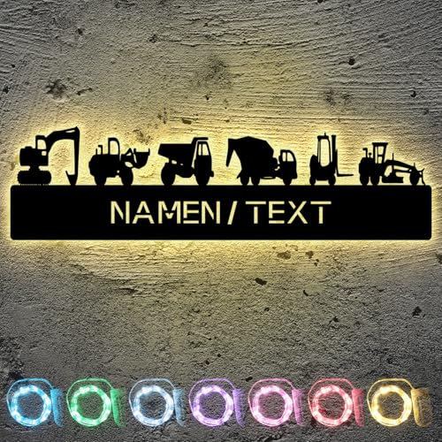 Bauautos LED Deko Schlummerlicht Nachtlicht , personalisiert mit Wunsch Namen Abendlicht Geschenk Für Babys & Kinder : LKW Fahrzeug Baufahrzeuge Bagger Radlader Kipper Walz Betonmischer Gabelstapler
