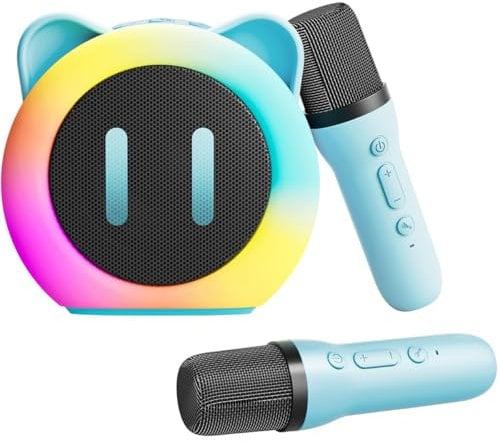 Karaoke Machine for Adults Kids, Portable Bluetooth Karaoke Speaker with 2 Wireless Microphones with LED Lights, Girls Boys Gift Toys for Birthday Party Christmas Supports TF Card/USB, AUX in (Blue)