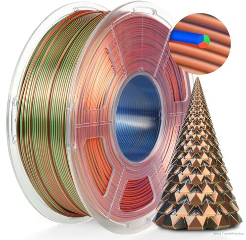 TECBEARS Silk PLA Filament, Tri Color PLA Silk Filament 1.75mm 1 kg/Spule, 360° Farbwechsel 3D Drucker Filament, Maßgenauigkeit +/-0.02mm, Seidentexturen Prächtige Farbe Orange+Blau+Grün