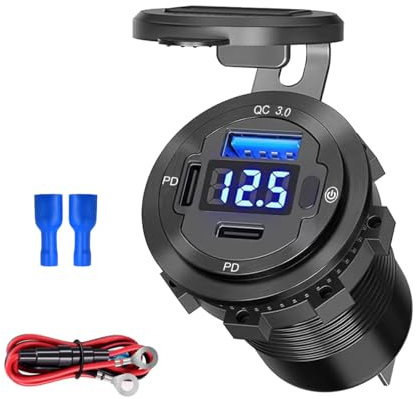 Prise USB 5 en 1 12 V - Chargeur de voiture avec interrupteur ON/OFF - Voltmètre LED - Double PD et port USB - Pour camping-car, voiture, bateau, véhicule marin