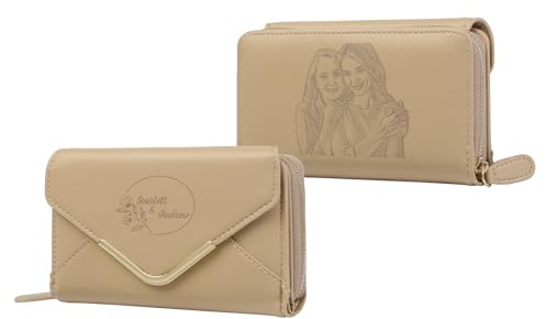 Gaosh Personalisierte Damen Geldbörse mit Graviert Foto Name Geburt Blume Pu Leder Frauen Geldbörse mit RFID Zip Münzfach Multi Card Slot Personalisiertes Geschenk (B-Khaki)