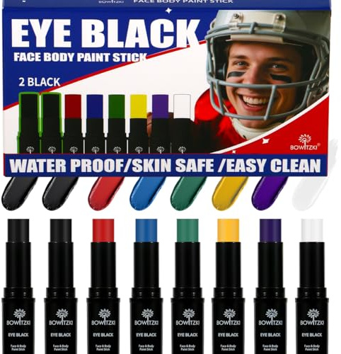 Bowitzki Eye Black Stick - 8 couleurs résistantes à l'eau - Peinture de visage et de corps pour sportifs - Marqueurs de maquillage - Softball, Lacrosse, Baseball, Football - Accessoires de jeu - Kit