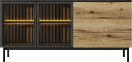 Buffet Industriel Moderne Avec éclairage Led - Commode Scandinave 180x85x39 Cm - Noir & Chêne Evoke Avec Verre Trempé - Push To Open - 2 Portes Vitrées & 3 Tiroirs - Lamelles, Pieds En Métal - Holmric