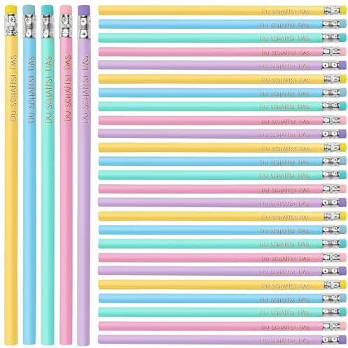 ROTKUSZ 30 Stück Glücksstift Bleistifte mit Radiergummi, du Schaffst Das Holzbleistifte Set, HB Bleistift, Mehrfarbig, Graphitstifte Set, zum Zeichnen Schreiben Schreibwaren