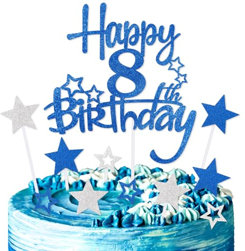 mciskin Royal Blue Happy 8th Birthday Cake Toppers for Cake,Girls Boys 8th Birthday Decorations,Personalised 8 Cake Toppers,Royal Blue Cake Decorations for Girls Boys Party Supplies