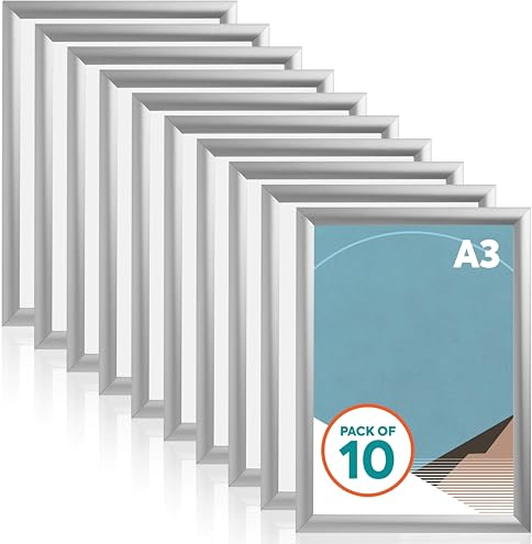 A3 Snap Frame Silver 10 Pack, Front Opening Poster Display Frame | Front opening aluminium picture frame for posters, certificates and photos. Wall mount display for home, office or retail.