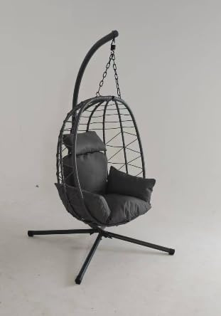 GarveeHome Rattan Hanging Basket Chair, Floating Lounger, Indoor & Outdoor Egg Swing, Height Adjustable, Foldable, Ideal for Garden, Patio–Hanging Chair with Frame & Rain Cover