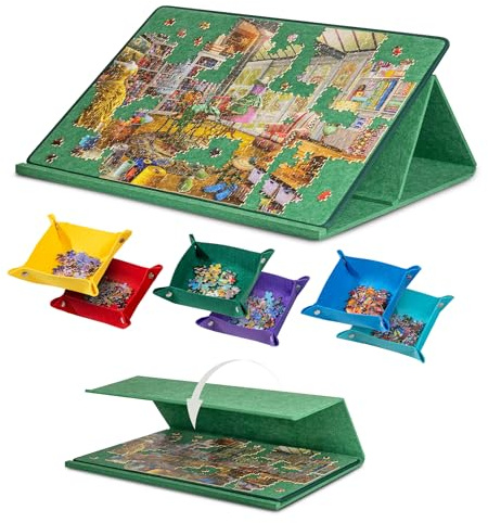 Jigpal Tragbares Puzzlebrett mit 6 farbigen Sortierfächern, kippbares Puzzlebrett mit 2-in-1 Puzzleständer & Abdeckung, Puzzlemattenplateau mit Winkeleinstellungen, für 1000 Teile Puzzlesp - grün