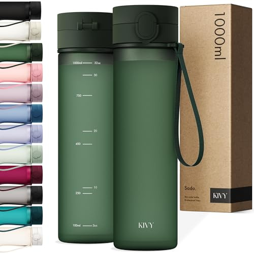 KIVY Tritan Botella de Agua 1L [IRROMPIBLE] - Water Bottle Sin BPA para Gimnasio, Gym & Deporte - Garrafa Reutilizable de Plástico Apto Lavavajillas - Cantimplora Deportiva, Oficina y Escuela - Verde