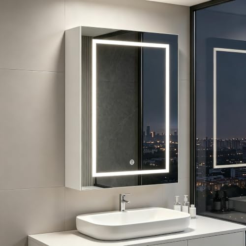 Julyue LED-Spiegelschrank fürs Bad, 50x70 cm, 3 Lichtfarben, Antibeschlag | Dimmbar per Touch mit Memory-Funktion, 2 verstellbare Glasablagen, E1-MDF, 12,5 cm tief, Weiß mit schwarzer Rillenoptik